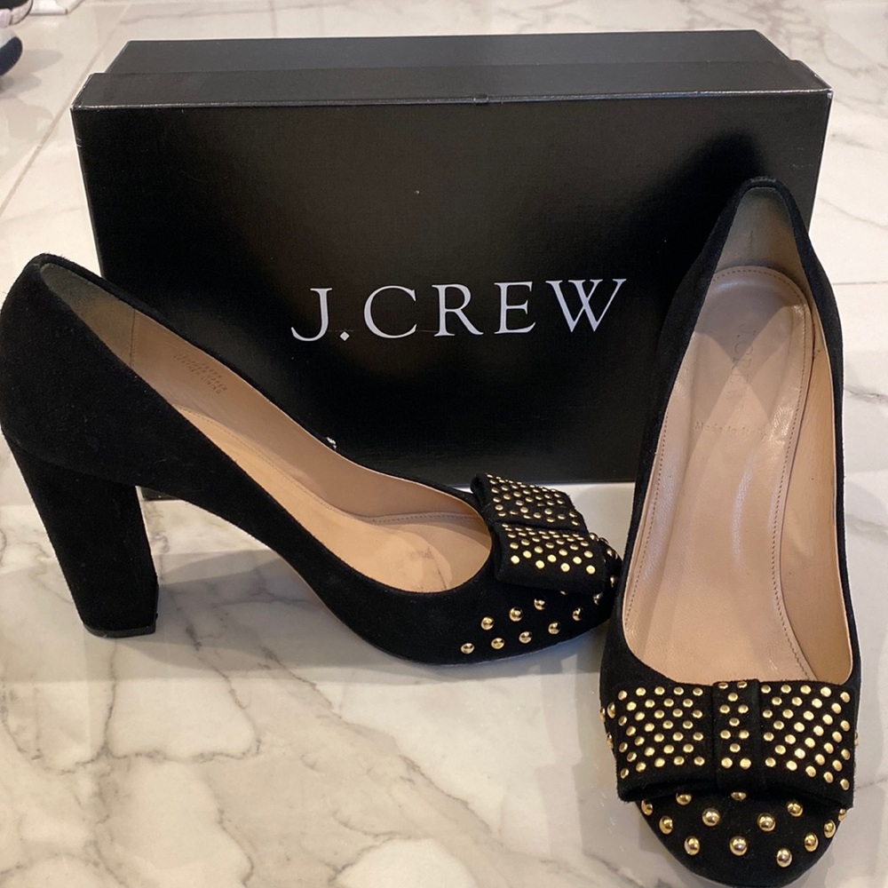 Jcrew black suede studded block heels. Size 9.5